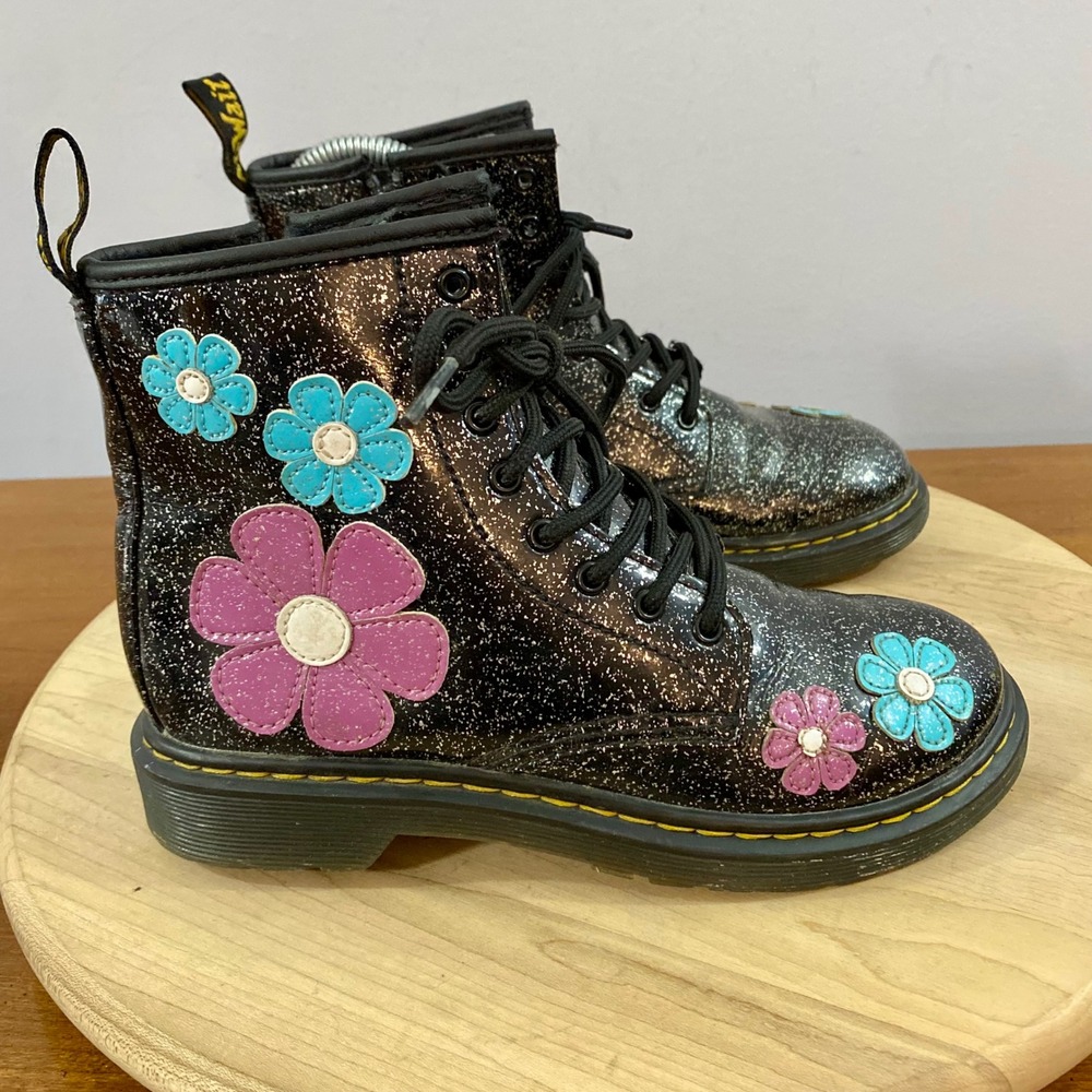 Dr Martens Junior 1460 Cosmic Glitter Flower Boots Black Sparkle Kids Youth Sz 3
